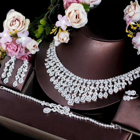 White CZ Leaf Drop Necklace Earrings Bracelet Ring White Gold Plated Jewelry Set