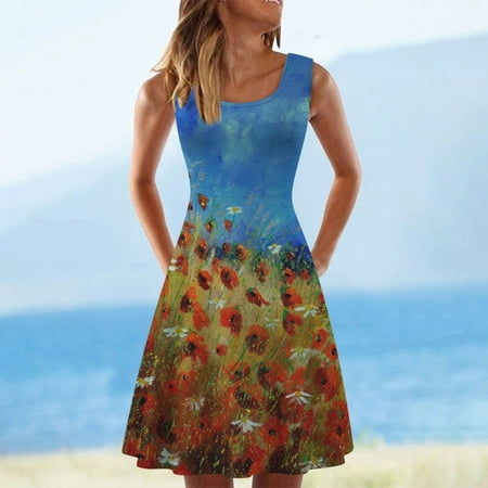 

cllios Womens Summer Dress 2023 Floral Print Sundress Short Sleeve A Line Dress Scoop Neck Tunic Dress for Beach Vacation