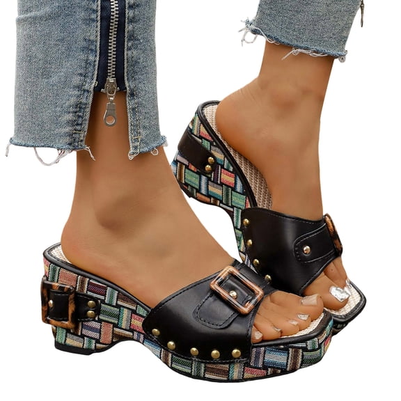 Platform Sandals Women Color Block Wedges Retro Buckle Studded Square Open Toe Slip on Slides Low Heeled Dress Shoes Black Size 6.5
