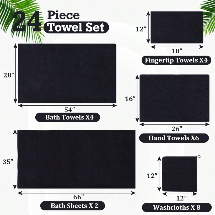 24 Piece Oversized Bath Towels Set Microfiber Absorbent Towels For Spa Camping Bathroom Beach 4 Oversized Bath Towels 2 Bath Sheets 6 Hand Towels 8 Wash Cloths 4 Fingertip Towels Black