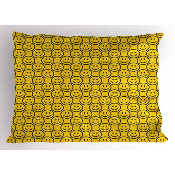 Emoji Pillow Sham Flat Simple Smiley Faces Expressing Happiness in