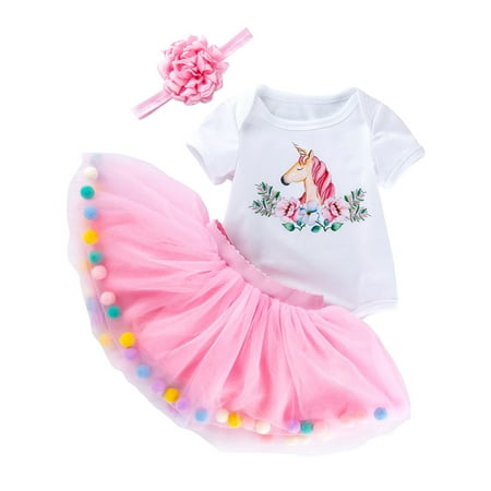 

Calzi Toddler Cartoon Print Bodysuit Cute Summer Outfits Suits Beach Romper Crew Neck Tutu Skirt Top+Skirts+Headband 3 Pieces Outfit