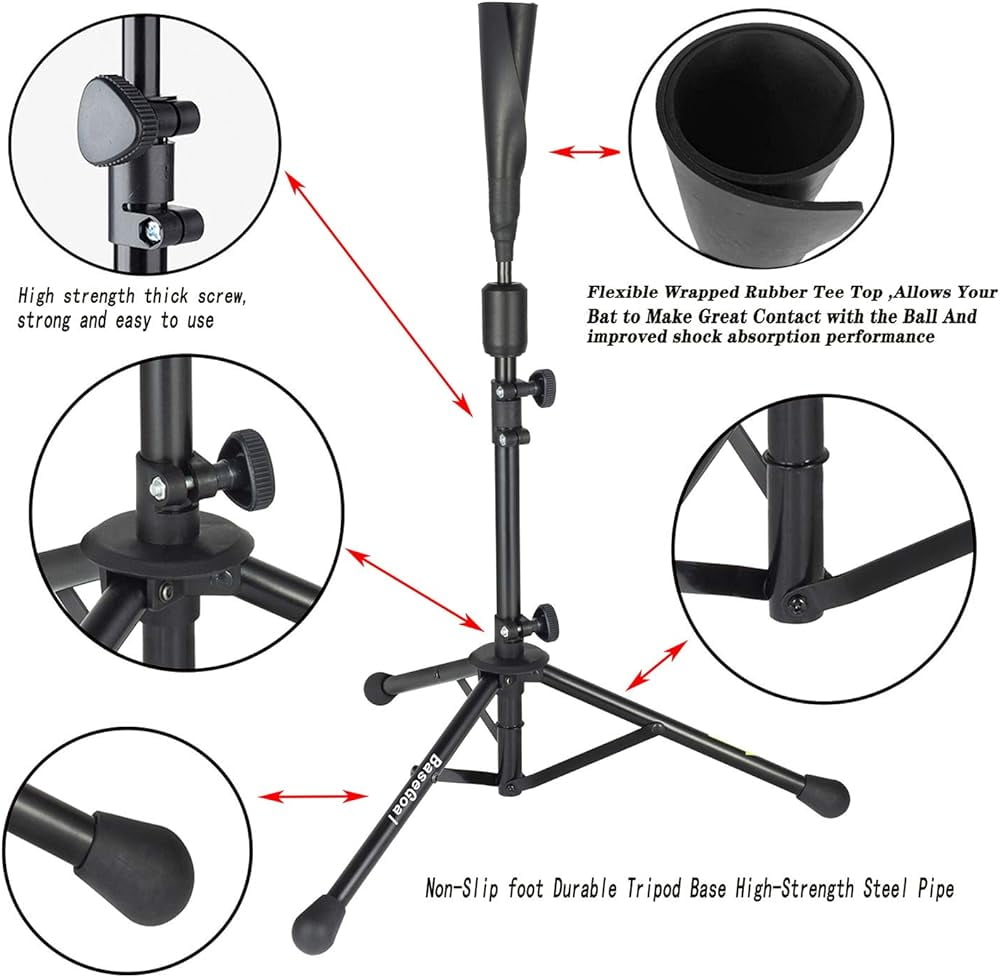 Baseball Batting Tee, Portable Softball Baseball Tees for Hitting, Extral Height Adjustable Angel Baseball Ball Caddy, Easy to Assemble, Updated Rubber head, Batting Training Practice