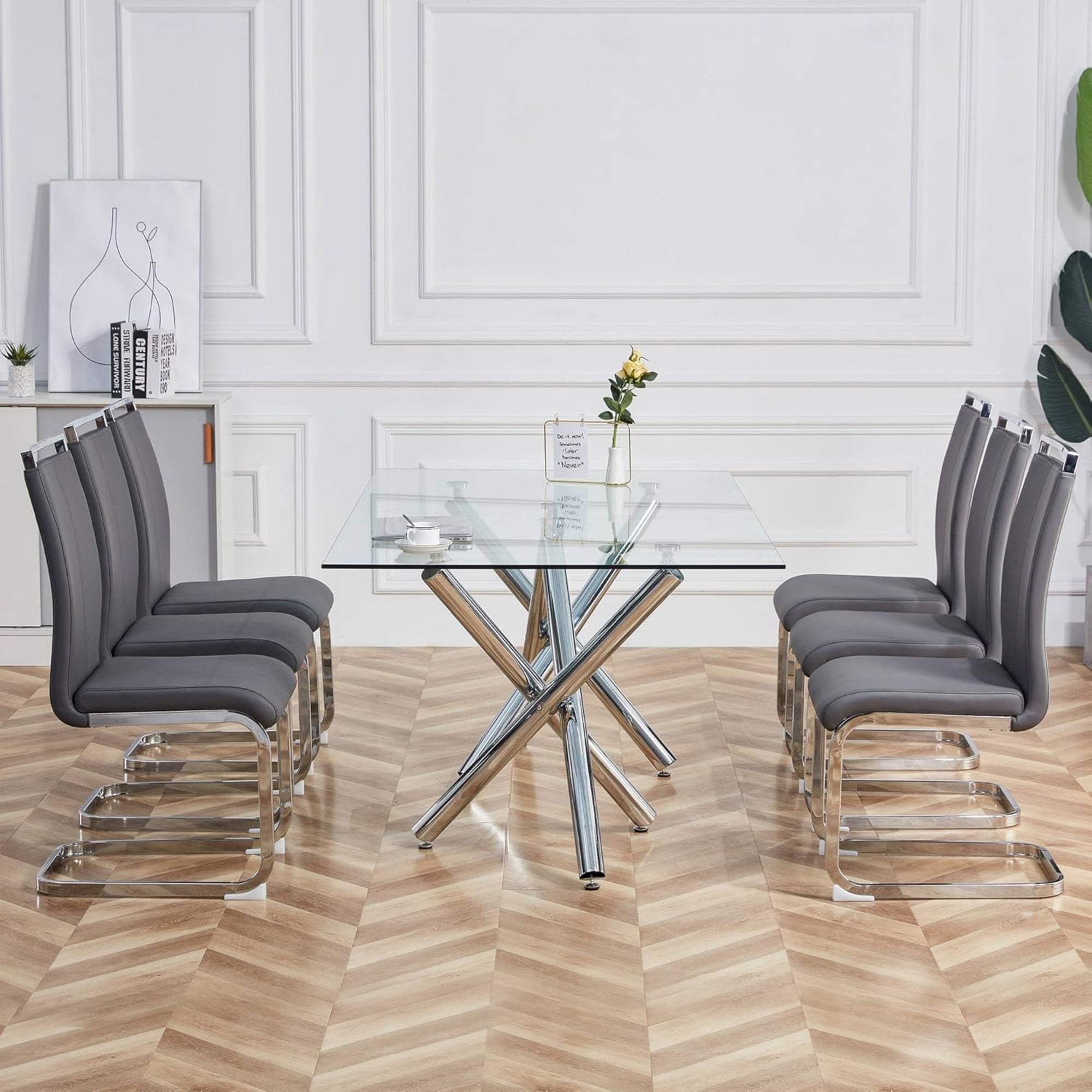 SUDICA Dining Side Chairs Set of 2 Dark Gray PU Leather Upholstered with Chrome Metal Legs for Kitchen Dining Room