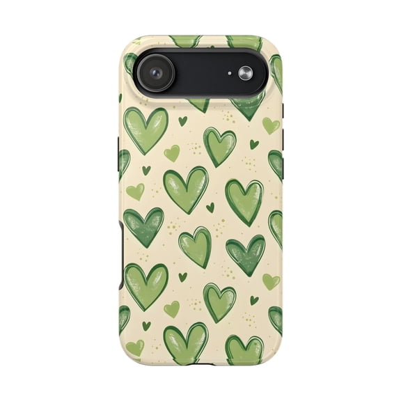 Green Heart Tough Phone Case Lexan Plastic Valentines iPhone 17 through 11 Pro Max
