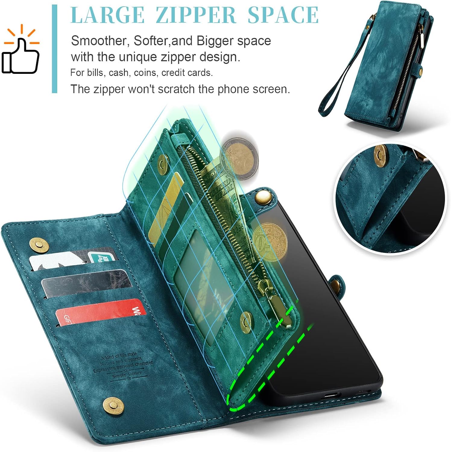 Asuwish Compatible with Samsung Galaxy S21 5G 6.2 inch Phone Case Zipper Wallet Detachable Tempered Glass Screen Protector Crossbody Strap Flip Card Holder Cell Cover for S 21 21S G5 Women Girls Blue