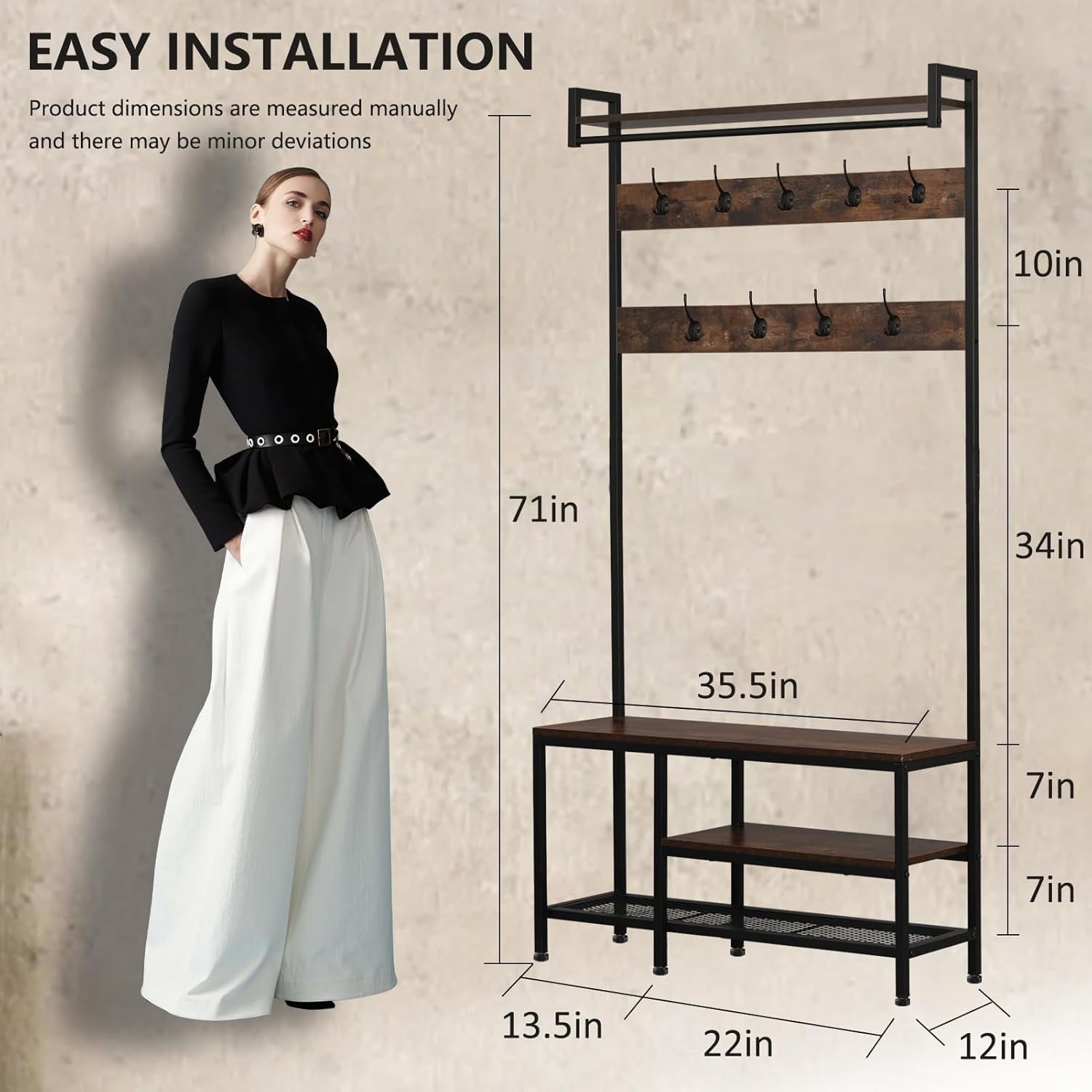 Coat Rack with Shoe Storage, Hall Tree with Bench, 5 in 1 Shoe and Coat Rack for Entryway, with 9 Hooks, A Hanging Rod, 35.5x12x70.8in
