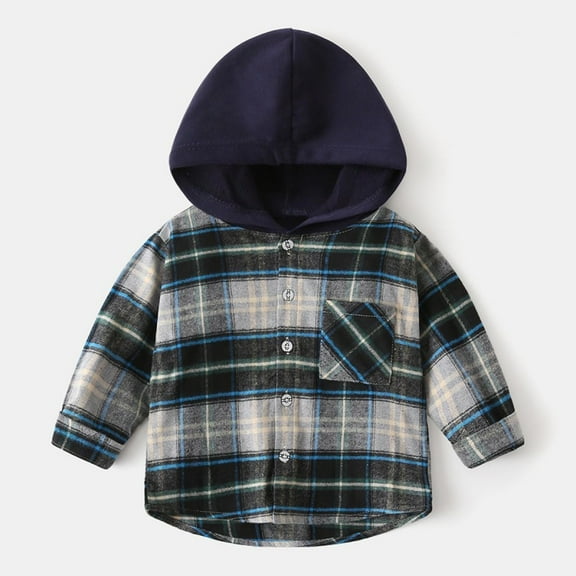 NAISIBABY Boys Shirt Jackets, Casual Classic Checked Long Sleeve Hooded Jacket Navy 6-7T