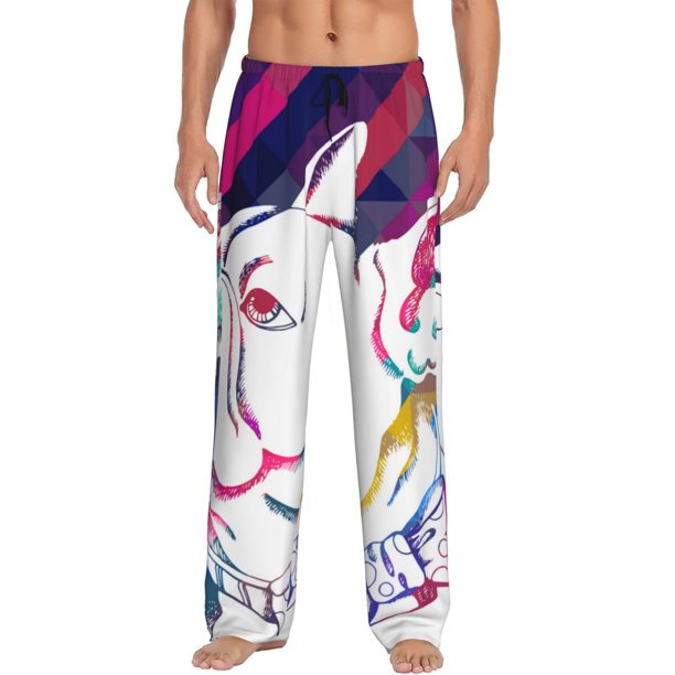 Fotbe Colorful Bulldog Pantalones de Pijama para Hombre, Pantalones de Dormir, Pantalones de Casa con Cintura Ajustable y Bolsillos-Small