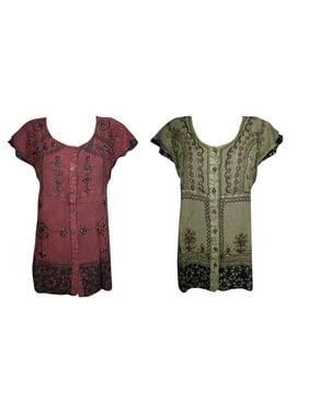 Mogul 2 pc Maroon Green Top Blouse Embroidered Stonewashed Button Front Cap Sleeves Tunic Tops S