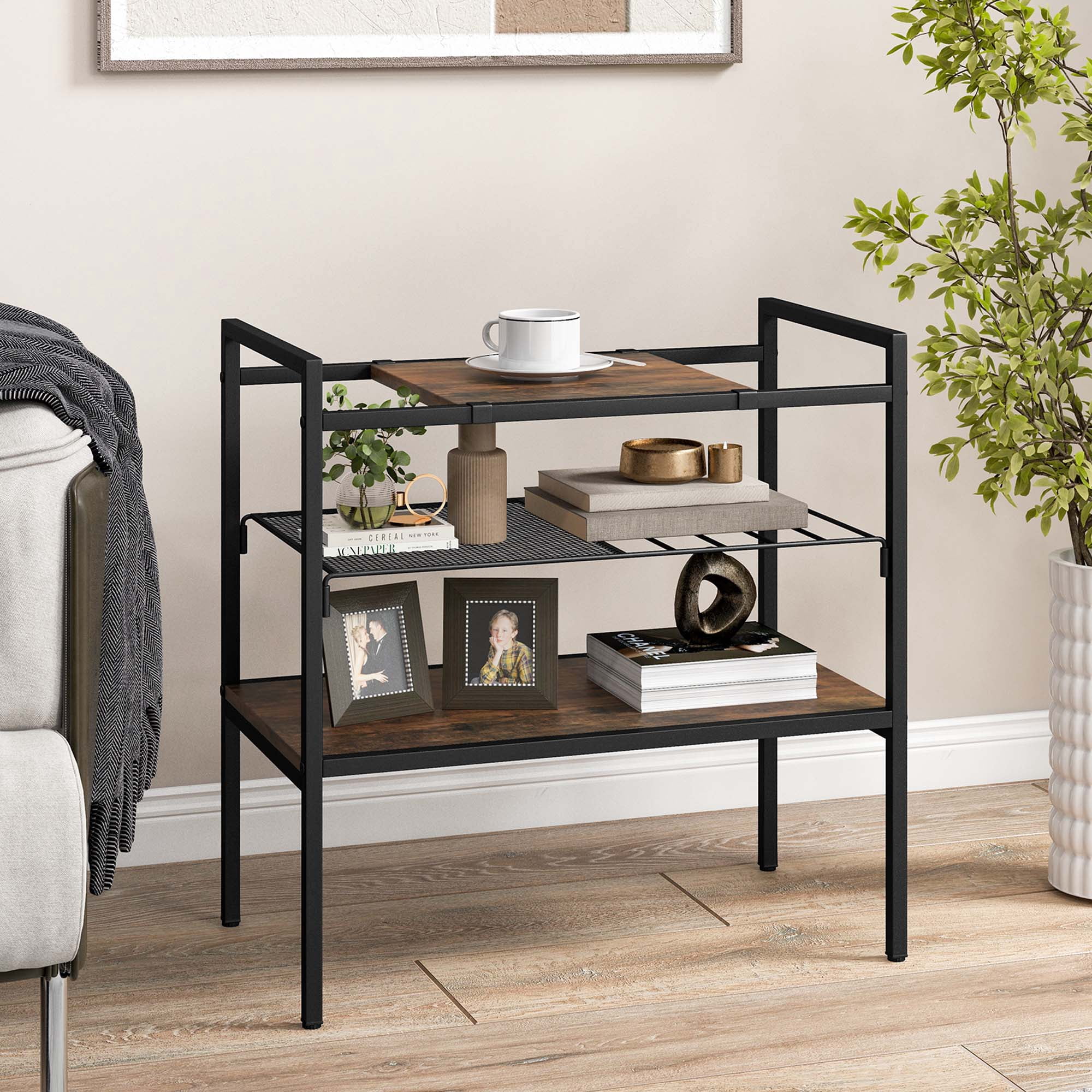 Costway Industrial Entryway Table 3-Tier Sofa Side Table with Removable Panel & Mesh Shelf