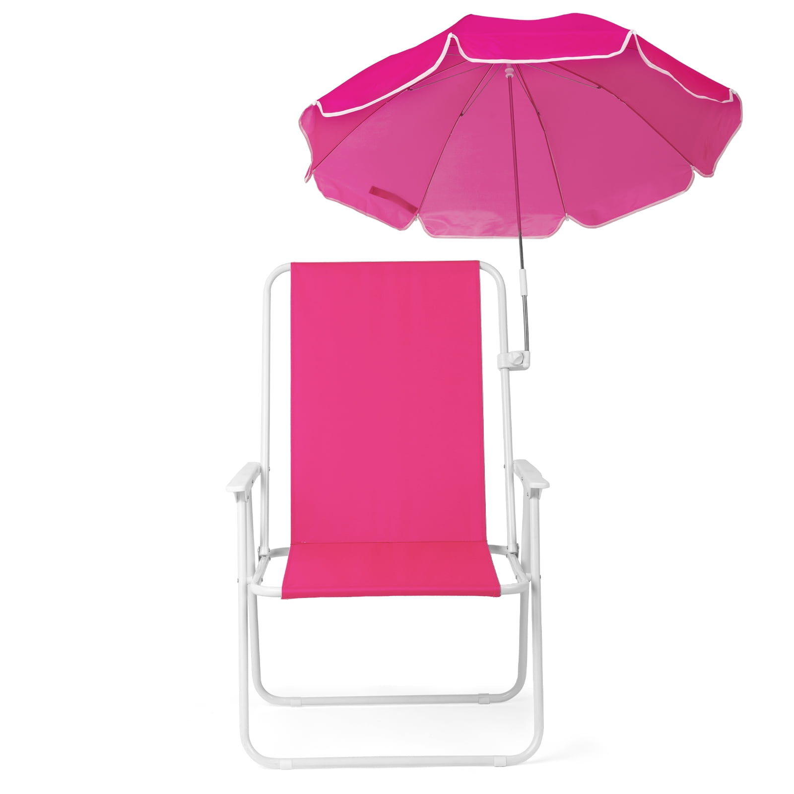 1 Pack Folding Beach Chair with Umbrella, XL Size, 15" Seat Height, Steel Spring Chair with Cross Bar, Oxford Cloth, 120kg Capacity, Barbie Pink