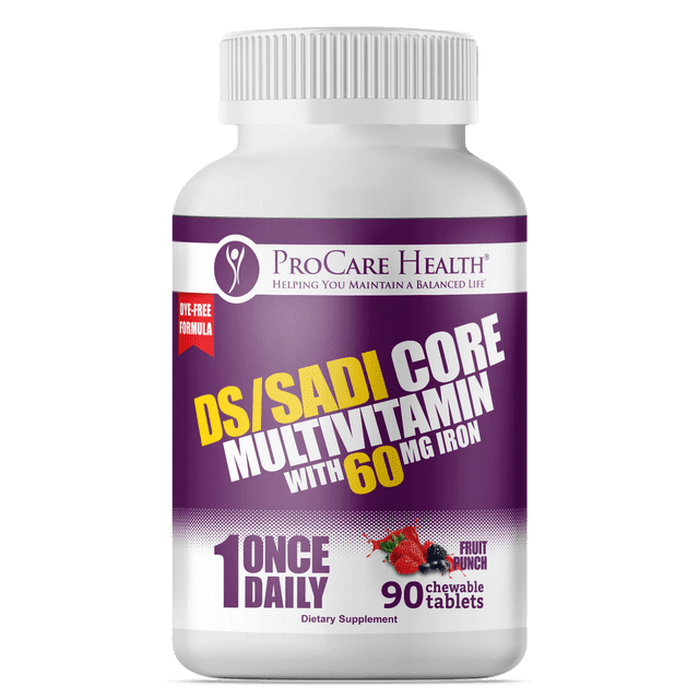 ProCare Health DS SADI Core Multivitamin 60 mg Hierro 90 Chews sabor frutal con Vitaminas y Minerales para Soporte Bariátrico Avanzado y Bienestar Diario