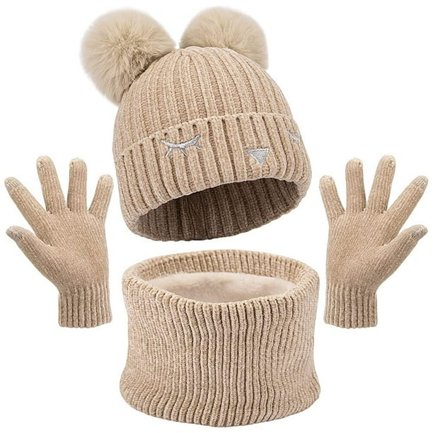 Fancosni Hat Gloves and Scarf Set Kids, Cute Knitted Bobble Hat Warm