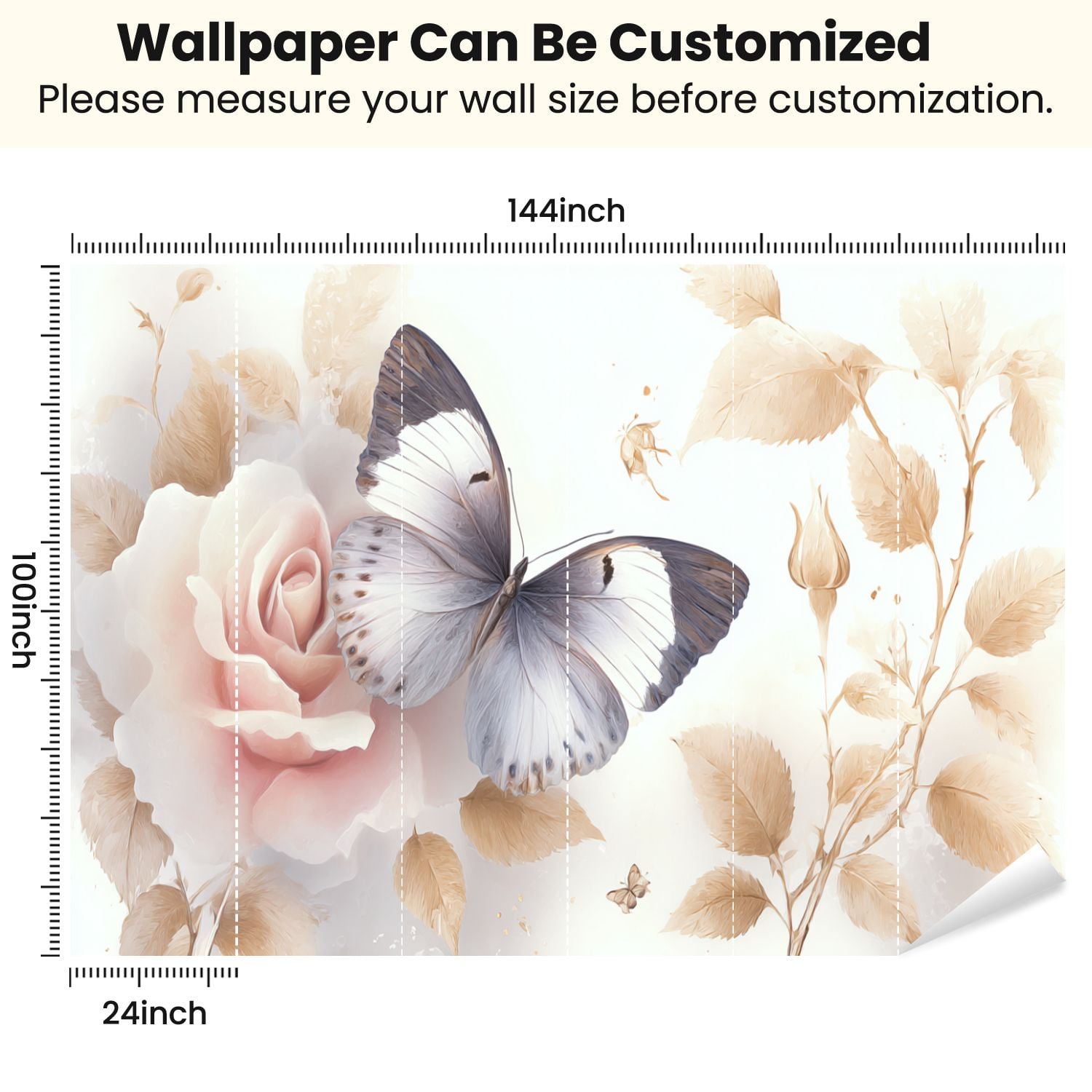 Peel and Stick Wallpaper Vintage Floral Cream Beige Flower Farmhouse Rose Butterfly Leaves Buds Modern Art Wall Mural Decor Self Adhesive and Removable 100in x 144in