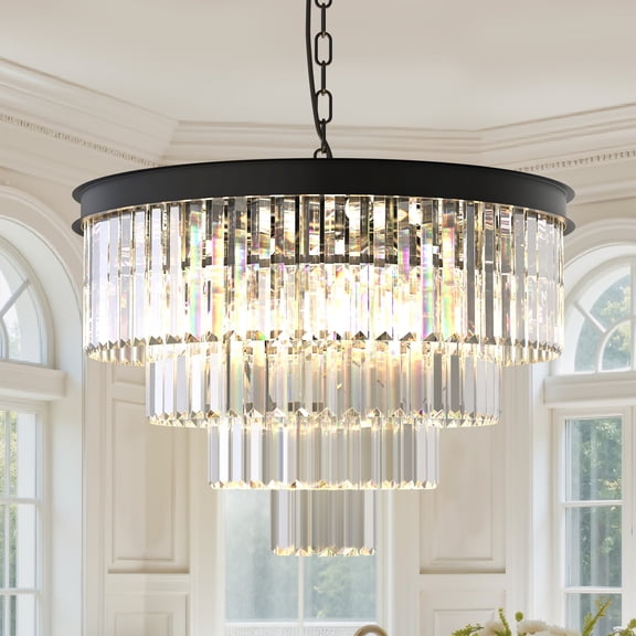 LOHASLED 12-Light 4-Tiered Crystal Chandelier, Matte Black  Pendant Light with E12 Base, Adjustable Height for Sloped Ceilings, Modern Hanging Ceiling Lamp for Dining Room Living Room (Bulbs Not Incl