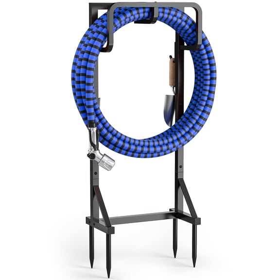 Heavy Duty Garden Hose Holder Stand, Outdoor Water Pipe Support Rack with Iron Frame, Freestanding Hose Storage Organizer for Lawn and Garden, Black