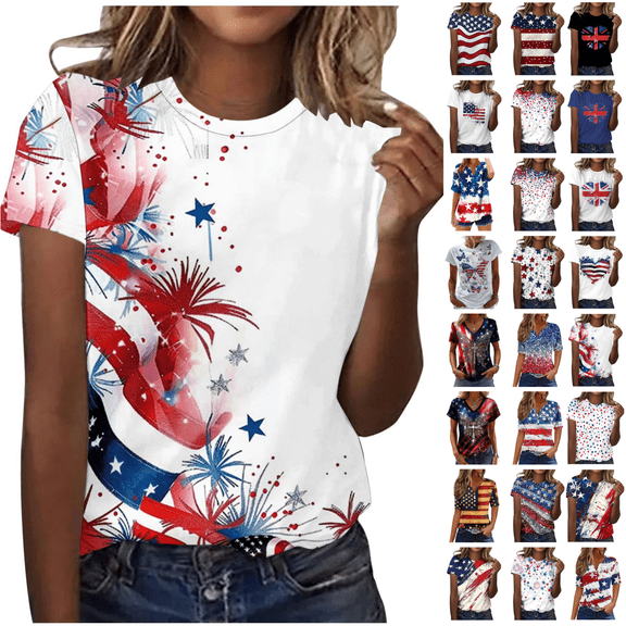 Qingpeng Patriotic T Shirts for Women Summer American Flag Print Shirts Women's Independence Day Short Sleeve Casual Tee Tops Size S-XXL