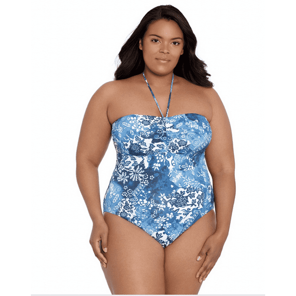 Lauren Ralph Lauren Plus Size Bandeau Halter One-Piece Swimsuit - Indigo Patchwork