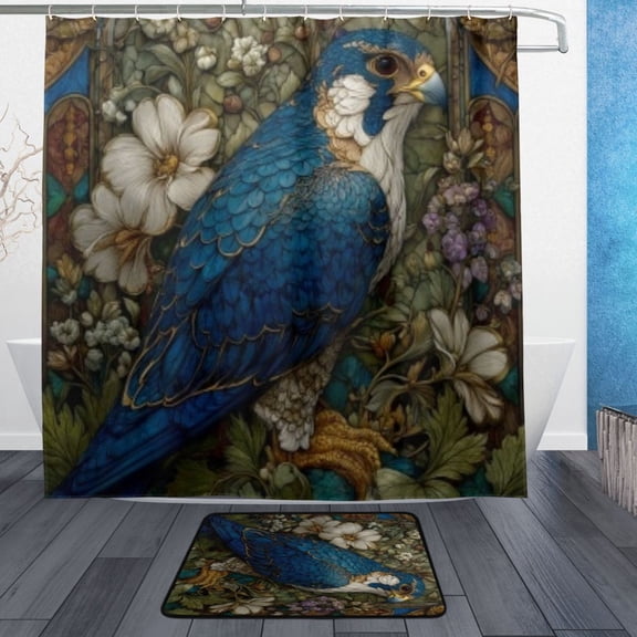 BZSMCE Shower Curtain and Bath Accessory Set,Stained Glass Blue Bird Pattern