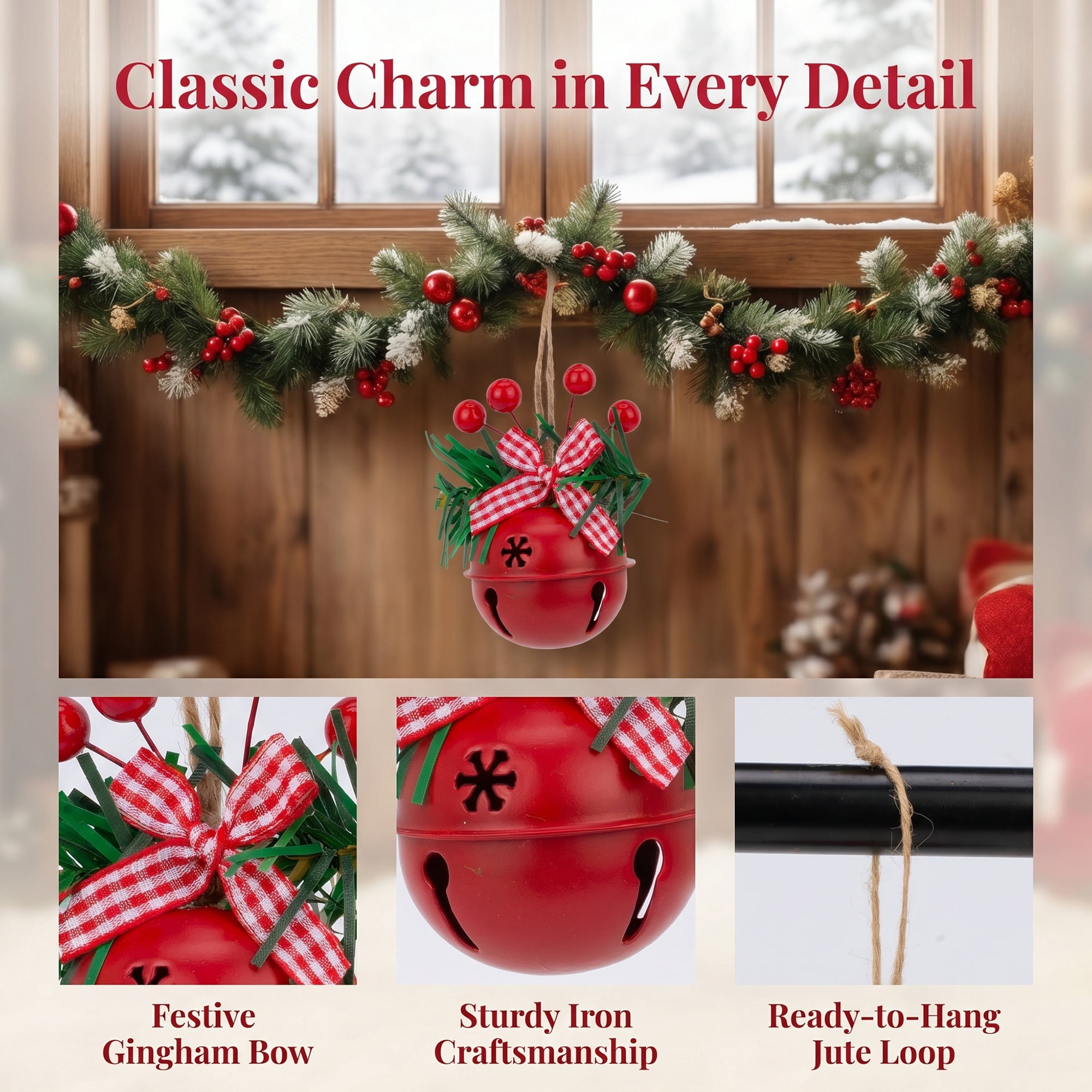Unique Bargains 10Pcs Large Rustic Iron Chunky Bells Red Christmas Decor 2" x 2" x 5.3"