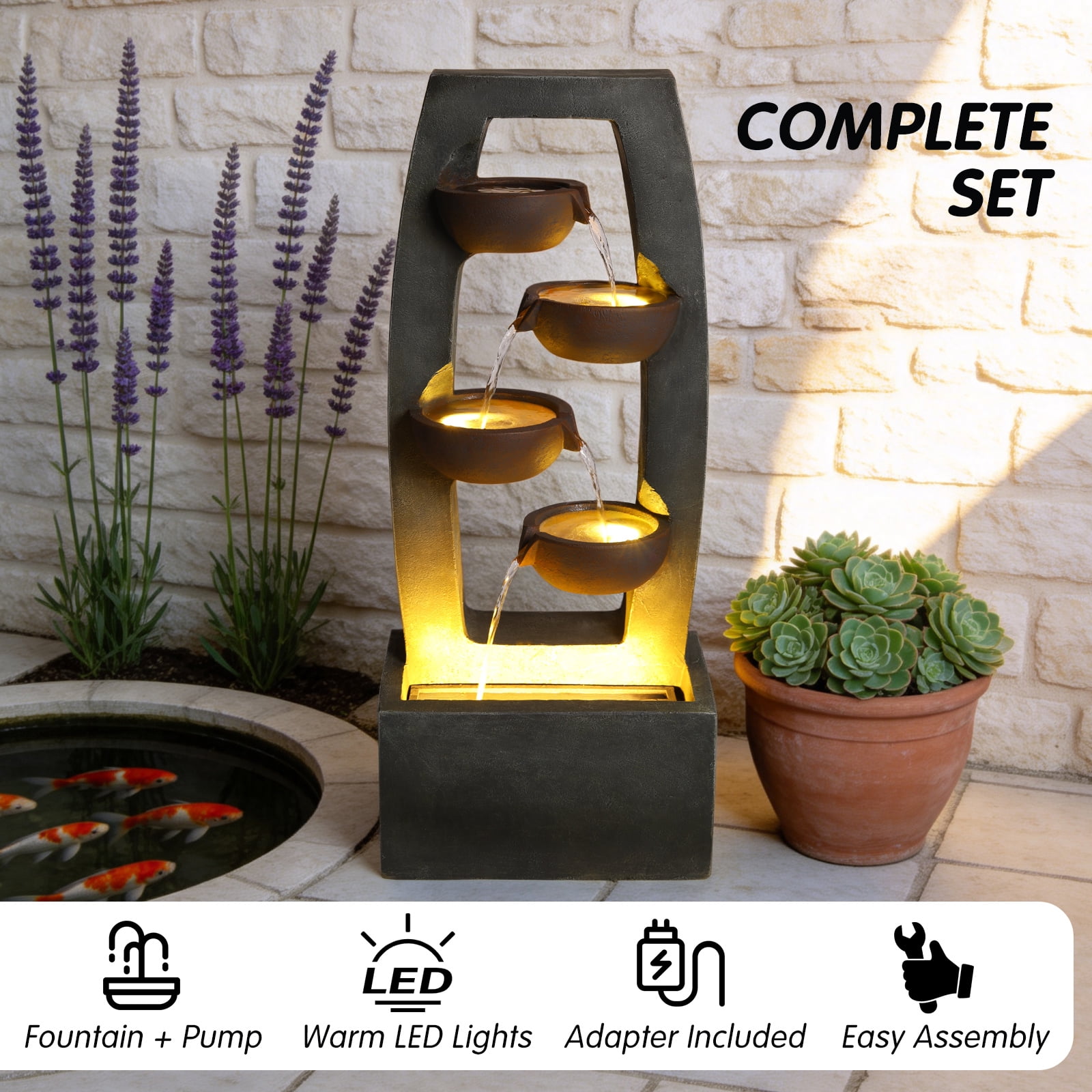 Mintazer 4 Tier Modern Cascading Waterfall Fountain with LED Lights, Outdoor Garden Fountain for Patio Yard Porch Landscape