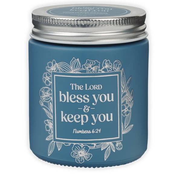 Christian Art Gifts Natural Soy Wax Scented Candle for Women: Lord Bless You Encouraging Bible Verse, Blue Floral Glass Jar, Metal Screw-Top Lid, Natural Essential Oils, Honeycrisp Orange Scent