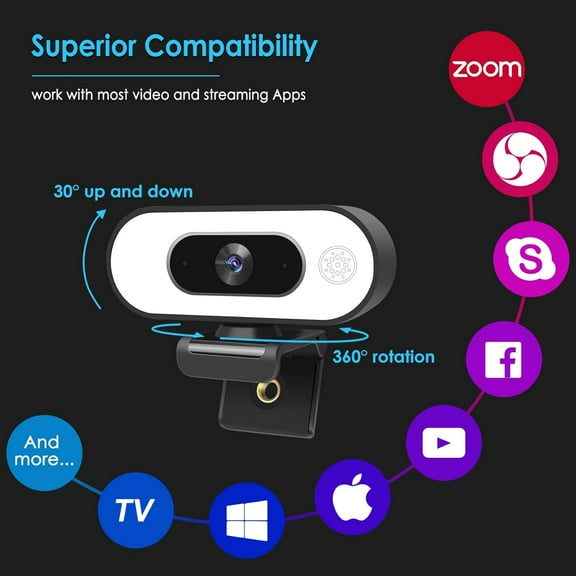 1080P Webcam with Ring Light, -Streaming Web Camera, USB Computer Webcam with Privacy Cover and Tripod,1080P Full HD Pro Streaming Web Camera with Microphone
