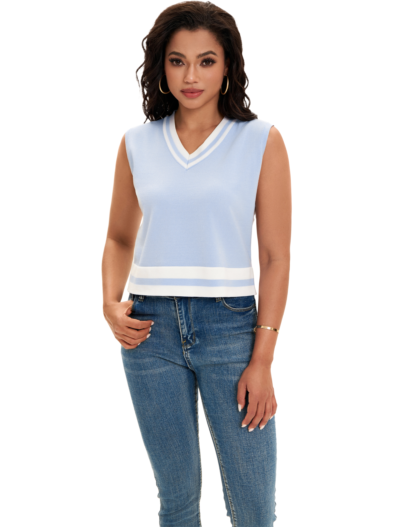 DARING DIVA Women's Cropped Sweater Vest Summer Tank Tops S Light Blue White