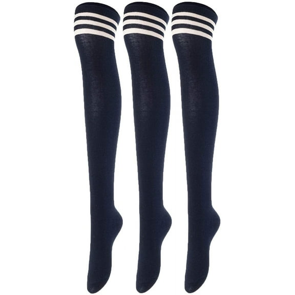Lovely Annie Big Girl's Women's 3 Pairs Incredible Durable Super Soft Unique Over Knee High Thigh High Cotton Socks Size 6-9 A1022(Navy)