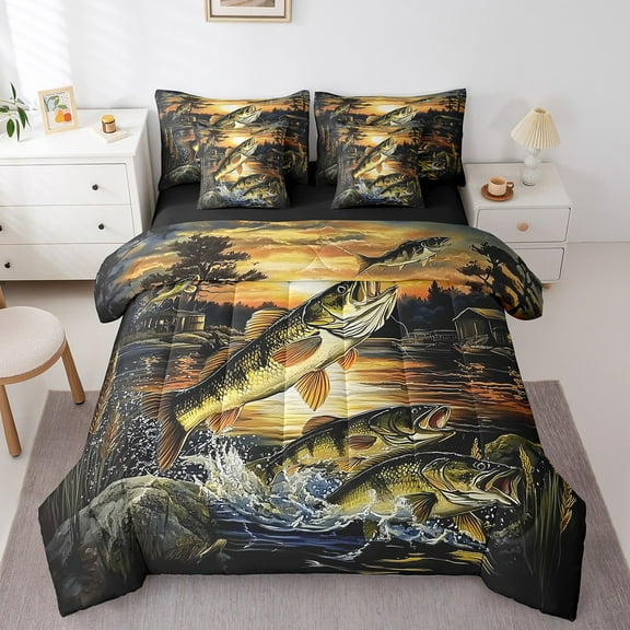 Erosebridal Pike Fish Bedding Twin Size, Lodge Cabin Bedding Sets Twin Size, Hunting and Fishing Decor, Reversible 7 Pieces