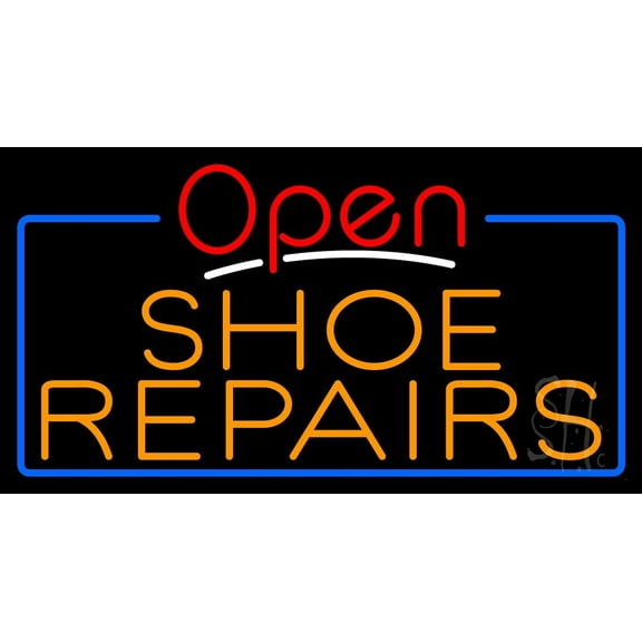 Orange Shoe Repairs Open LED Neon Sign 13 x 24 - inches, Black Square Cut Acrylic Backing, with Dimmer - Bright and Premium built indoor LED Neon Sign for store interior Décor, Storefront.