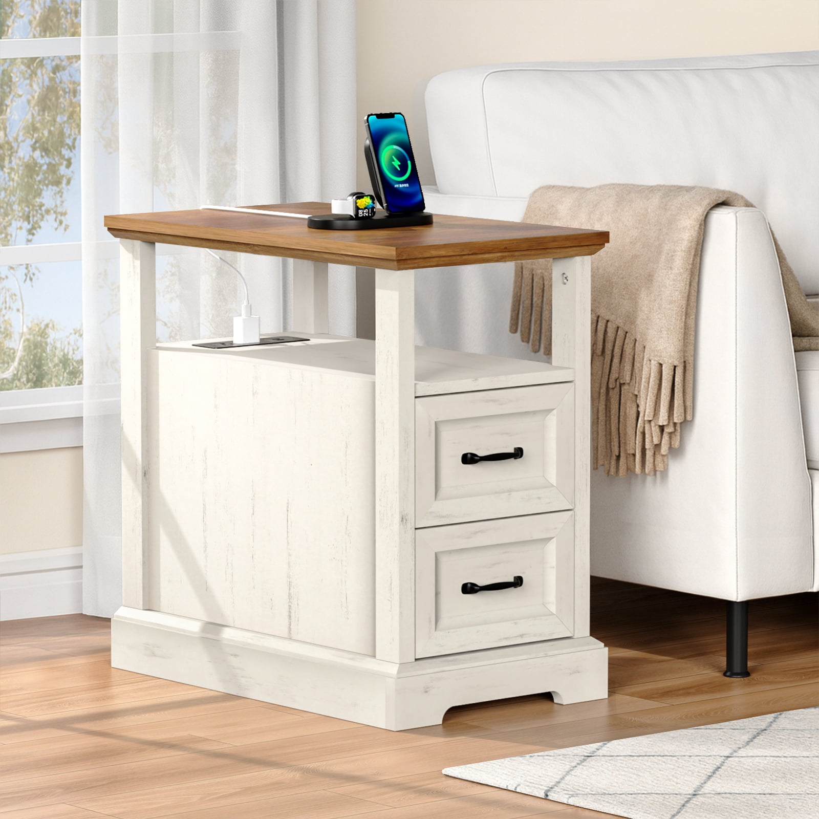 Hommpa 2 Drawers End Tables With Charging Station For Living Room, Farmhouse Narrow Sofa Side Table For Small Spaces, Nightstand Bedside Table with Storage For Bedroom, Rustic White