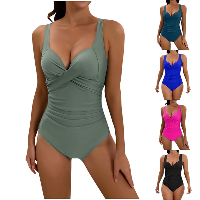 Sentmoon Women's Bathing Suit Spaghetti Strap Plus Size Women Bikini Set Women's Swimsuit Women's Solid Color Belly Cover Hard Back Comfy for Tummy Control & Full Coverage L