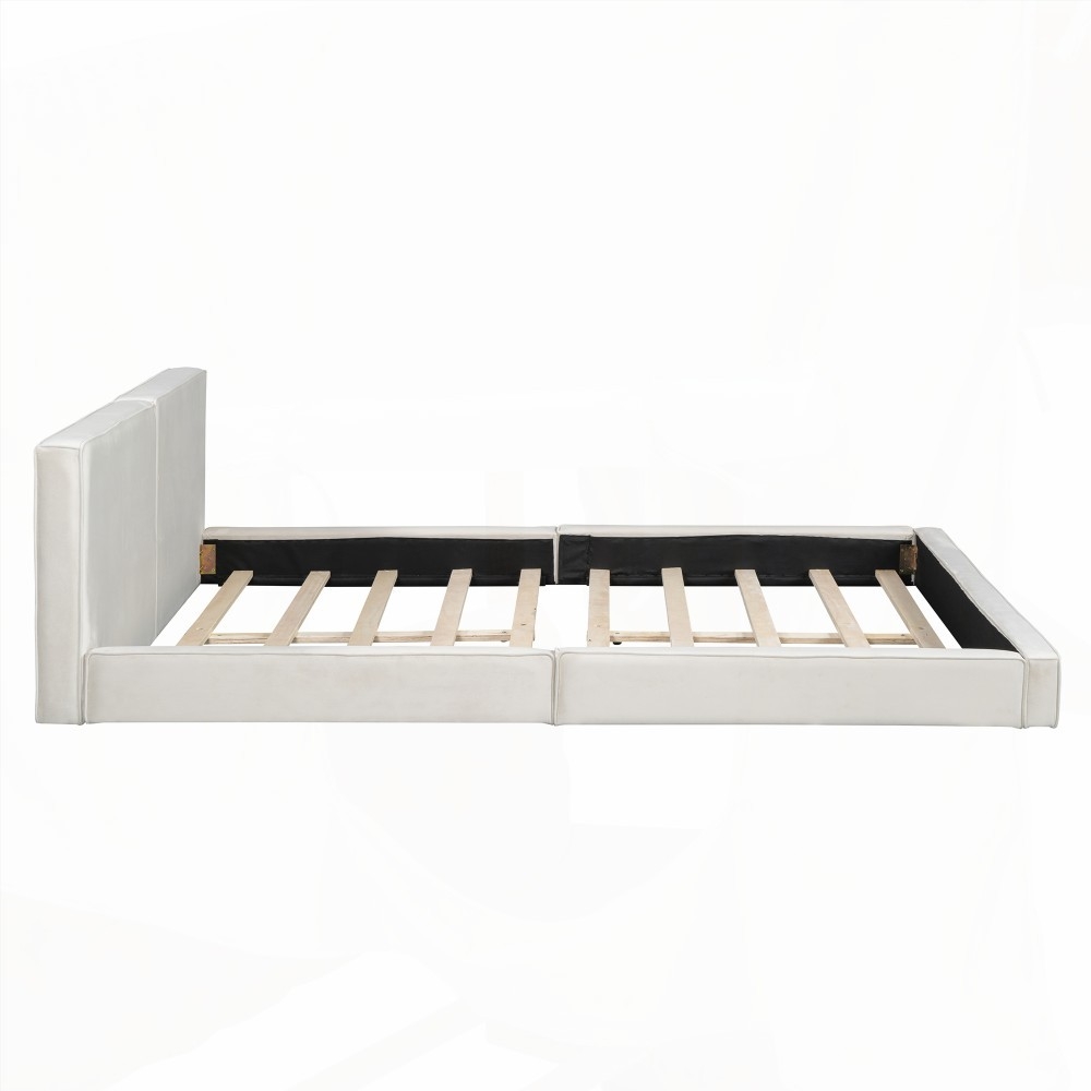 Queen Size Velvet Upholstered Bed with Solid Frame, Beige