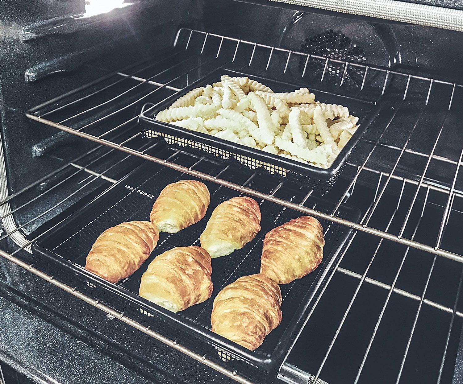 Dishwasher and Freezer Safe SC Chang KH-133 Tater Tots and More Without Butter or Oil Home Oven Crisper Trays Kitchen Chicken Tenders Perfectly Crisp Fries Set of 2 Non-stick Mesh Crisper Trays