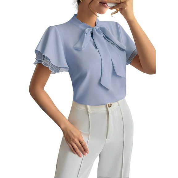 Women'S Tie Neck Blouse Ruffle Cap Sleeve Elegant Work Office Shirt Tops Light Blue M