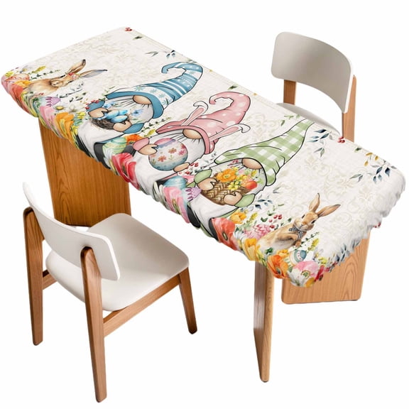 Gnomes Easter Table Cloths for 8 Foot Rectangle Tables, Eucalyptus Spring Floral Eggs Leaves Rustic Patio Waterproof Elastic Fitted Tablecloths, Washable Rectangular Table Cover for Camping