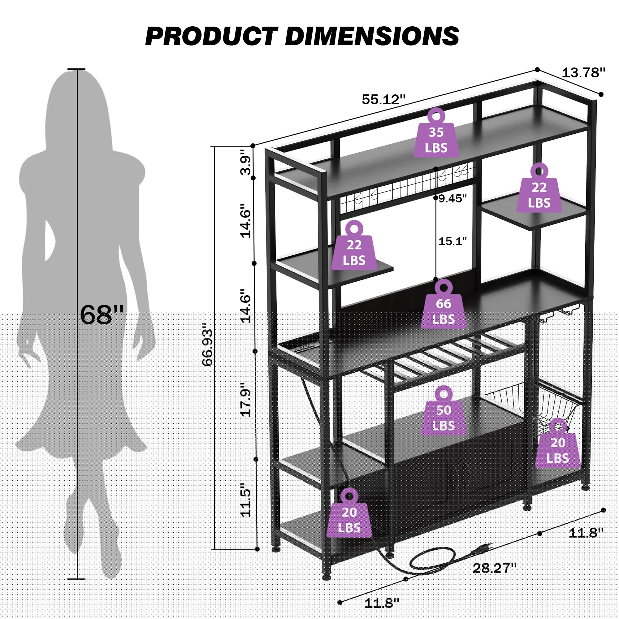 thumbnail image 4 of 55" Bakers Rack with Power Outlet and LED Light, 5-Tier Kitchen Microwave Stand Coffee Bar with Storage, 10 Hooks, Wire Basket, Metal G rid, Wine Rack, Goblet Holder,, 4 of 7