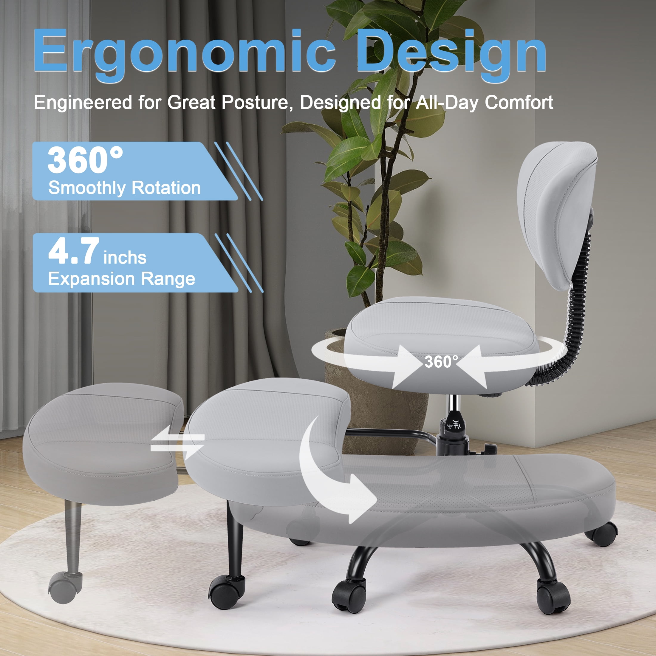 Dhole Kneeling Chair with Backrest - Ergonomic Office Chair for Cross-Leg Sitting, Adjust Height, 360° Rotating Footrest & Wheels, Posture Support for ADHD/Home Office/Meditation, Black