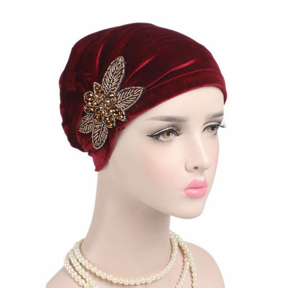 Women Hair Loss Head Scarf Shiny Pearl Turban Cap Flower Muslim Cancer Chemo Hat 