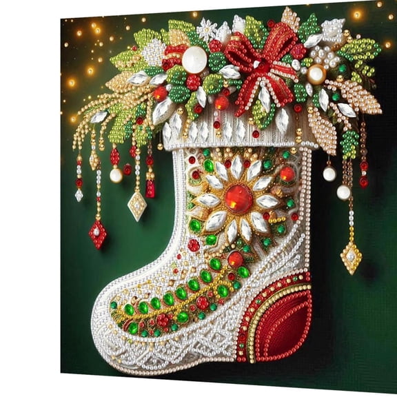 Christmas Stocking Pearl Pearl Art Kit, 12 x 12 Inch Canvas, 5D DIY Round Bead Art for Adults, Xmas Wall Decor, Holiday Craft Gift, No Frame