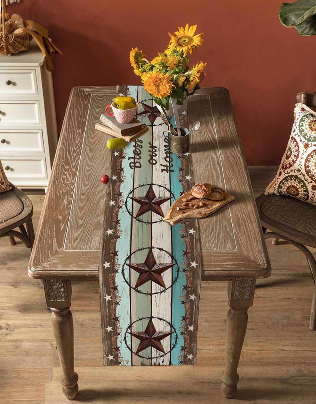 nqOlkjepod West Texas Star Rustic Table Runner 72 Inches Long Farmhouse Dress Scarves, Farmhouse Teal Green Wood Plank Dining Tablerunner for Coffee Table/Kitchen Island/Party Décor, 13" x 72"