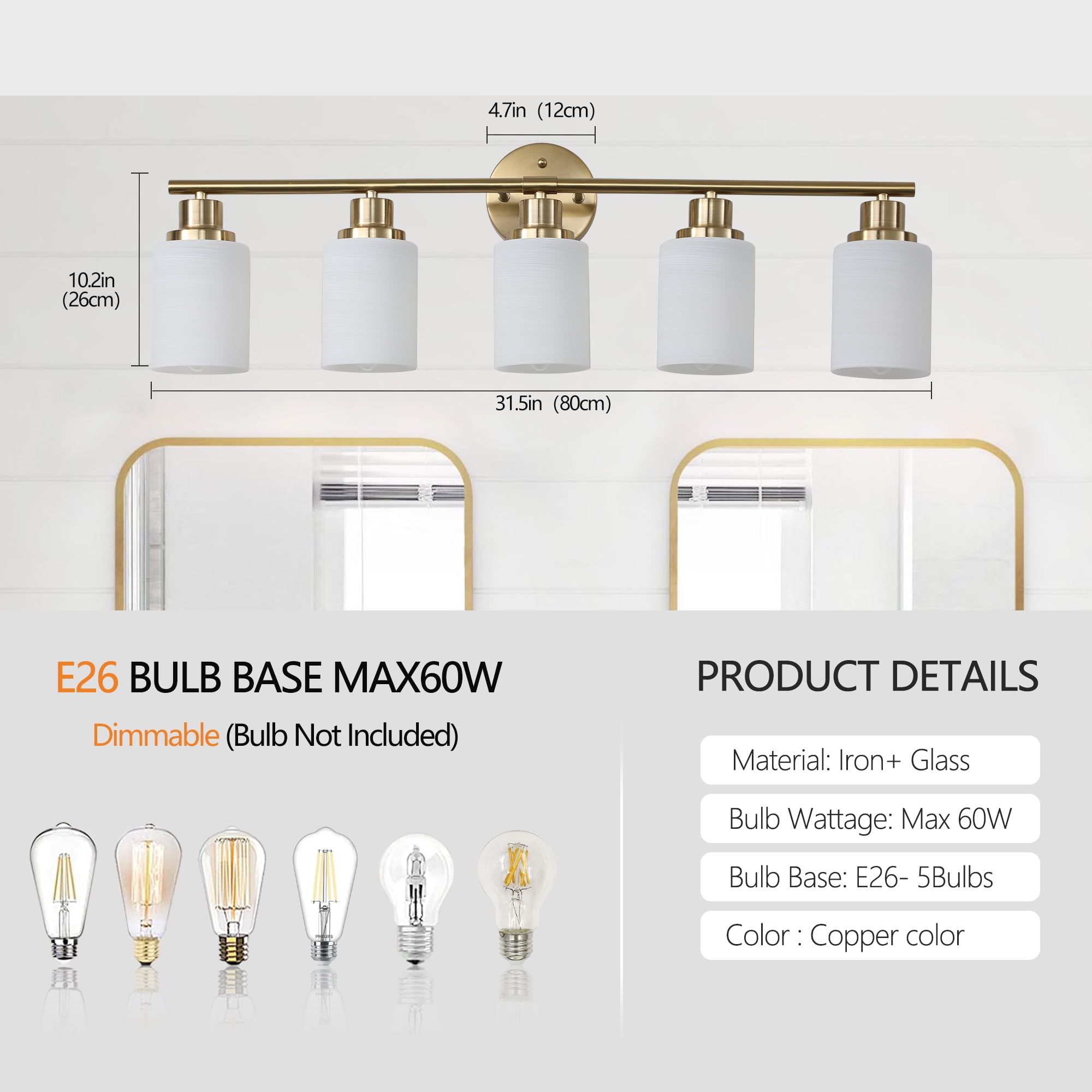 Jopath 31" Modern 5-Light Vanity Wall Sconce, Golden Finish with Frosted Glass Shades for Bathroom, Bedroom, Dressing Room or Hallway Lighting (No Bulbs)