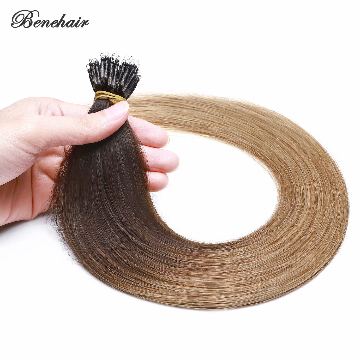Benehair Human Hair Extensions Nano Ring I Tip Remy Hair Loop in Microlink Full Head Women Seamless Ombre Brown 50g