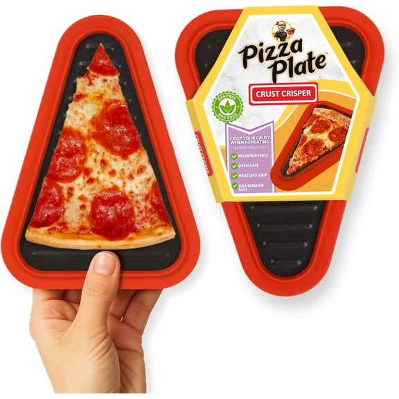 PIZZA PACK Pizza Plate – Reheating Tray for Crispy Pizza Leftovers – Microwave & Oven Safe Metal Plate with Silicone Edge – Reusable, Dishwasher Safe, Fits Inside