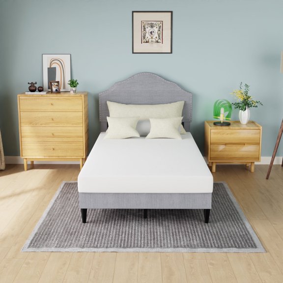 PayLessHere Bed Frame with Fabric Upholstered Headboard and Wooden Slats Support,Twin