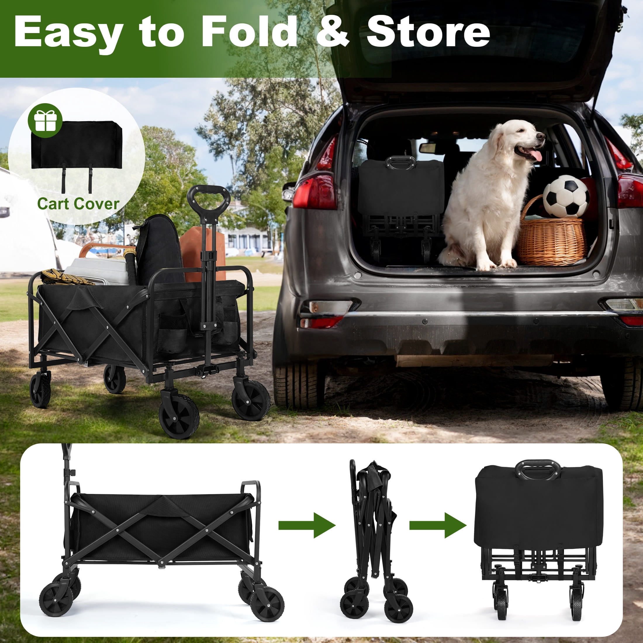 Firstness Collapsible Wagon Cart, Folding Utility Garden Wagon for Camping Beach Picnic Shopping Sports & Grocery, Black