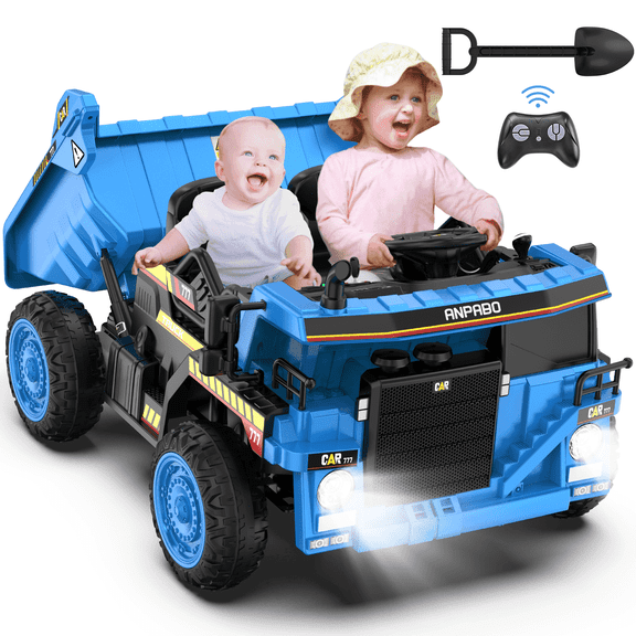 TOKTOO 12V Powered Ride on Dump Truck w/ Electric Dump Bed, 19-inch Wide Seat Ride on Car for Kids-Blue