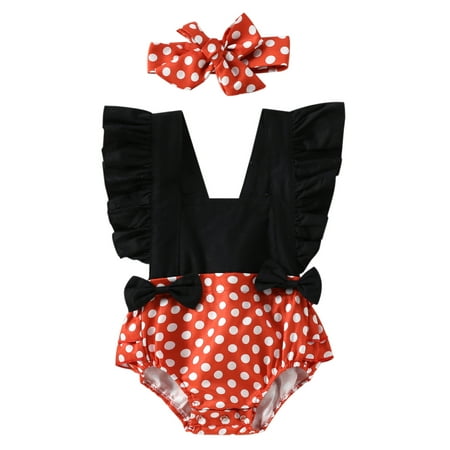 

Calsunbaby Infant Baby Girls Romper Color Contrast Dot Patchwork Ruffle Bowknot Bodysuit Headband